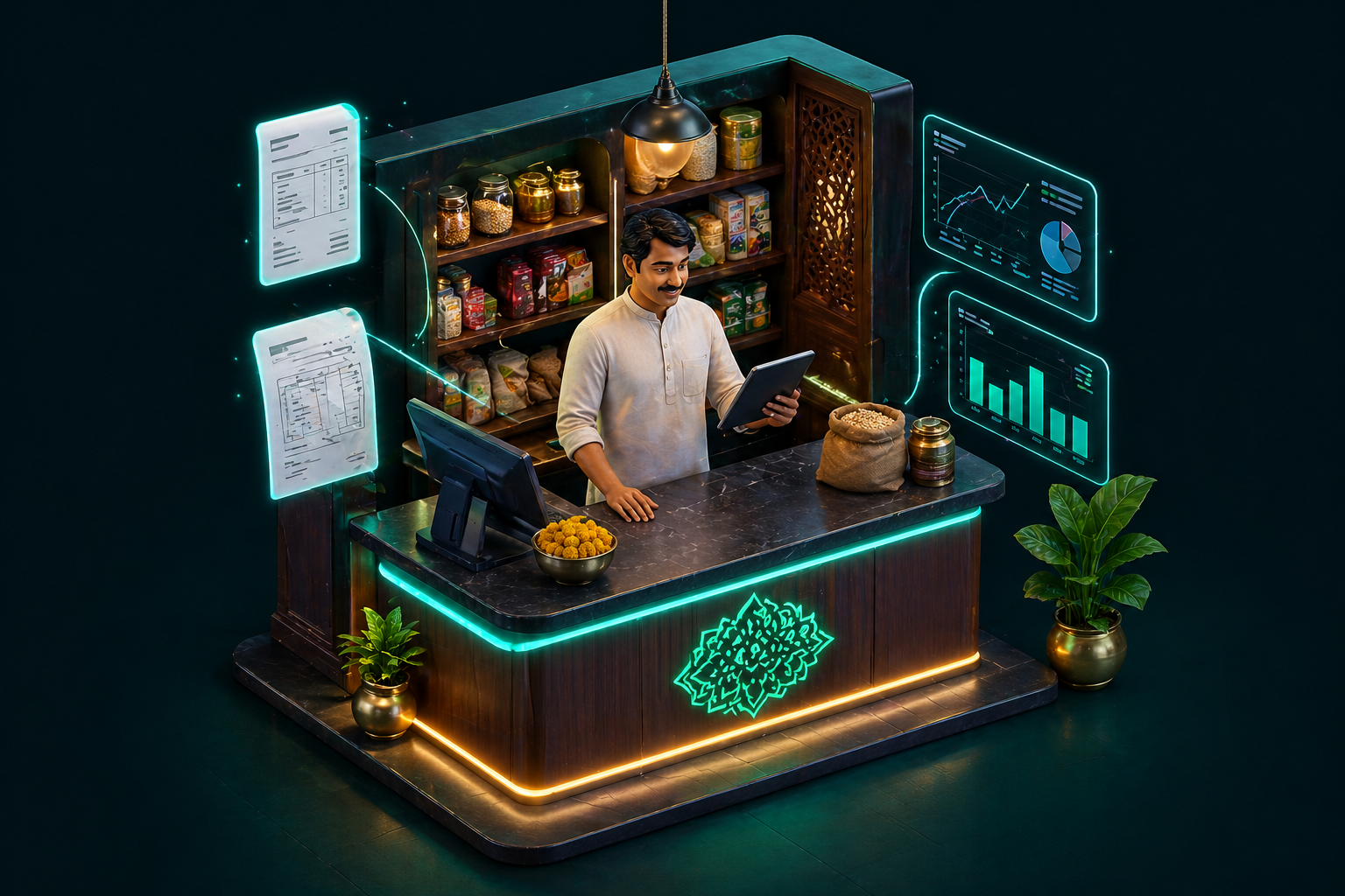 Business ERP - Indian shopkeeper with digital charts